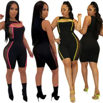 

Fashion Net Yarn Splicing Tight Legs Sexy Slim Fit Jumpsuits Women's Summer Set