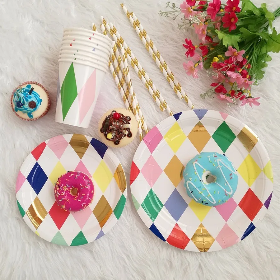 Cute Blocking Colorful Stripe Party Disposable Tableware Paper Plates