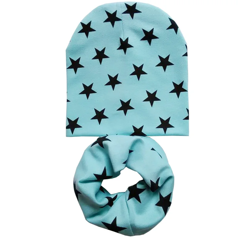 Green star set Новая осенне-зимняя детская шапка, комплект для мальчиков и девочек, шарф на шею, весенний теплый шейный платок, детские вязаные шапки, комплекты, хлопковая детская шапка, шарф - Цвет: Green star set