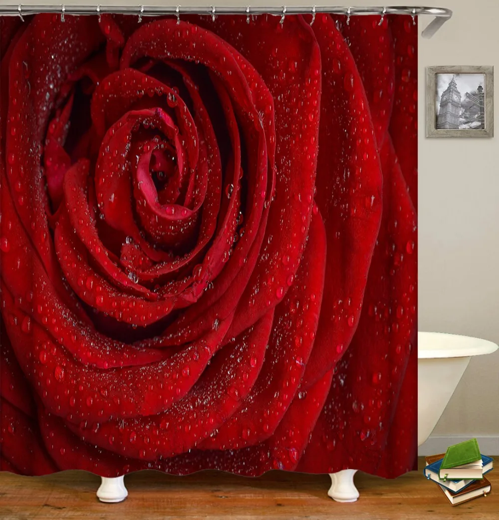 Red Rose flower print Shower Curtains Waterproof Polyester Fabric Bath Screen Curtain for Home