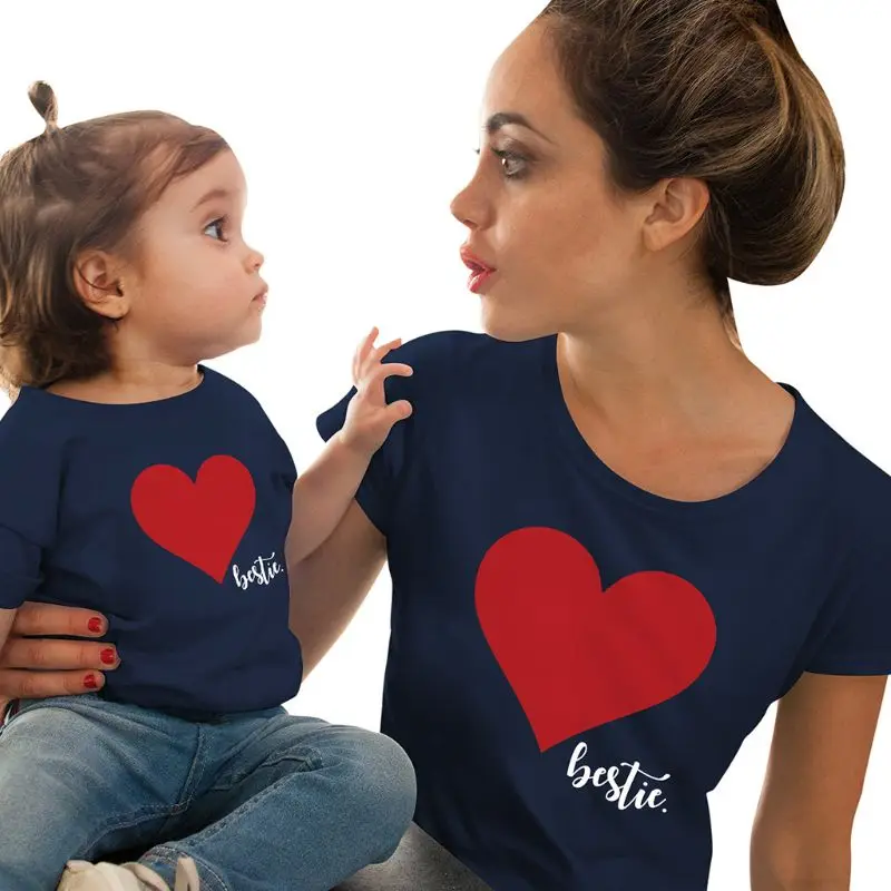

Family Matching Mother And Daughter Boy Heart Printed Cotton T Shirt Tops Tee