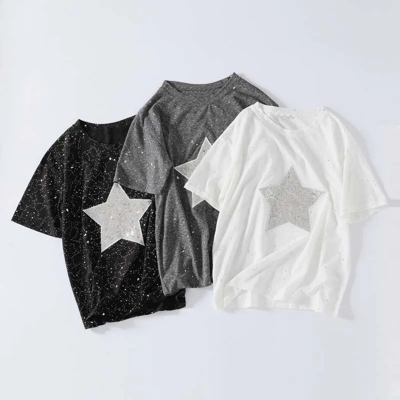 

Summer women's T-shirt casual solid color sequins hot silver decorative T-shirt