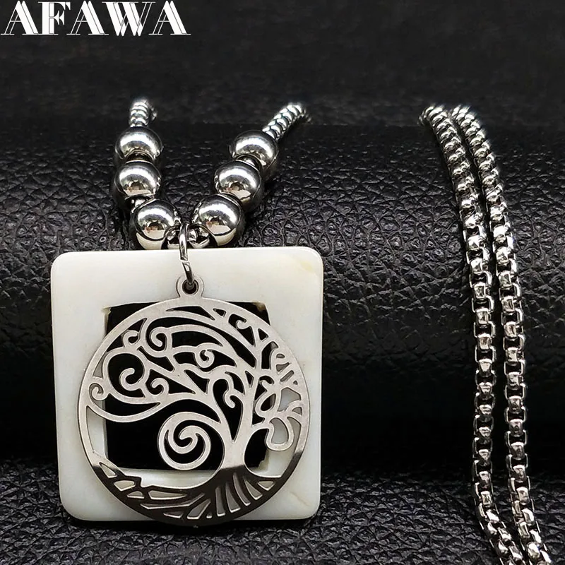 

2019 Tree of Life Shell Stainless Steel Statement Necklace Women Boho Silver Color Bead Long Necklace Jewellery joyas N18524