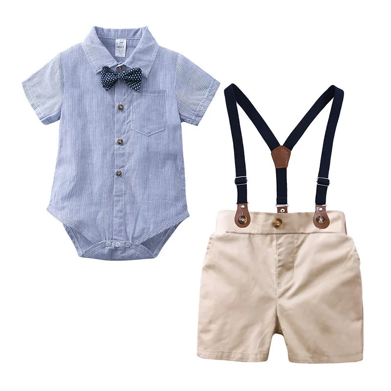 

New European and American style fashion gentlemen bow tie short-sleeved jumpsuit+Bib shorts summer suit set for baby boys