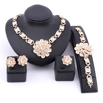 

African Beads Jewelry Sets Gold Color Crystal Flower Bridal Necklace Bracelet Crystal Earring Ring Wedding Accessories Sets