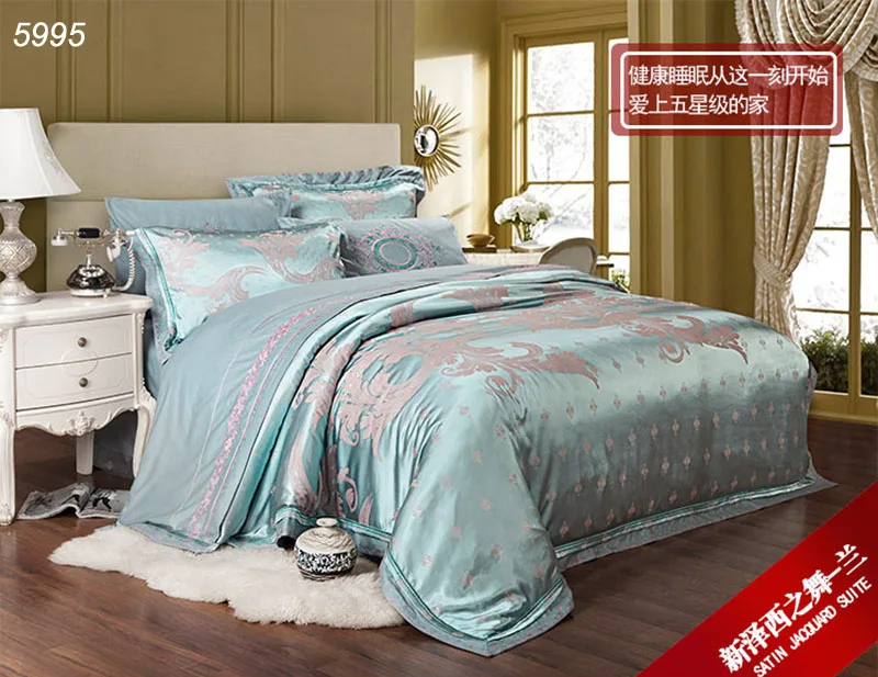 Gray blue flowers 4pcs king size silk bedding linen set satin duvet cover tencel queen comforter hot 5995 | Дом и сад