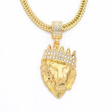 New Color Gold color Alloy 78cm Chain Men Lion Head Pendant Inlay Rhinestone font b Necklace