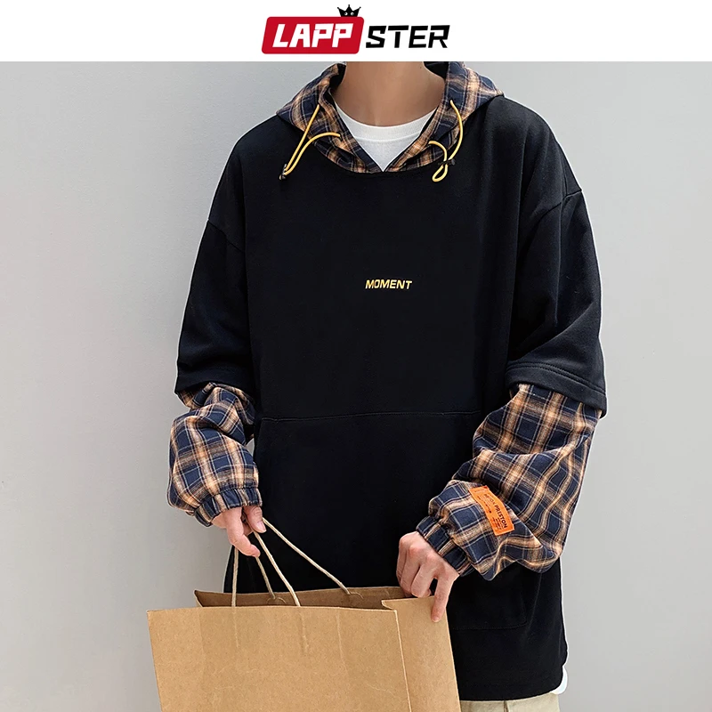 

LAPPSTER Men Streetwear Patchwork Hoodies 2019 Hip Hop Plaid Fake Two Pieces Hooded Hoodies Harajuku Sweatshirts Black Hoodie
