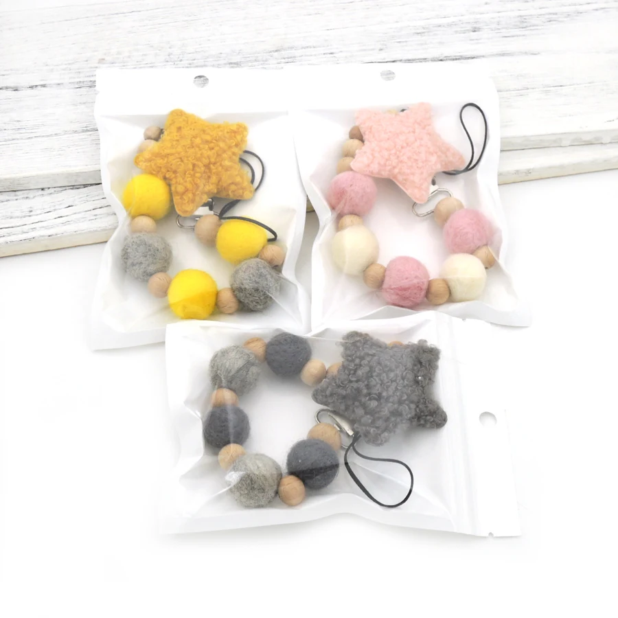 Grey gold pink wool star Pacifier Clip light Dummy Holder felt ball beads Natural beech wooden beads paci holder NT273
