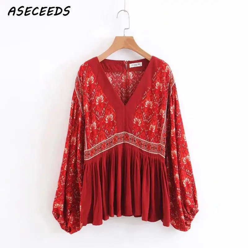 Летние женские топы и блузки boho красные цветочные печати с длинным рукавом