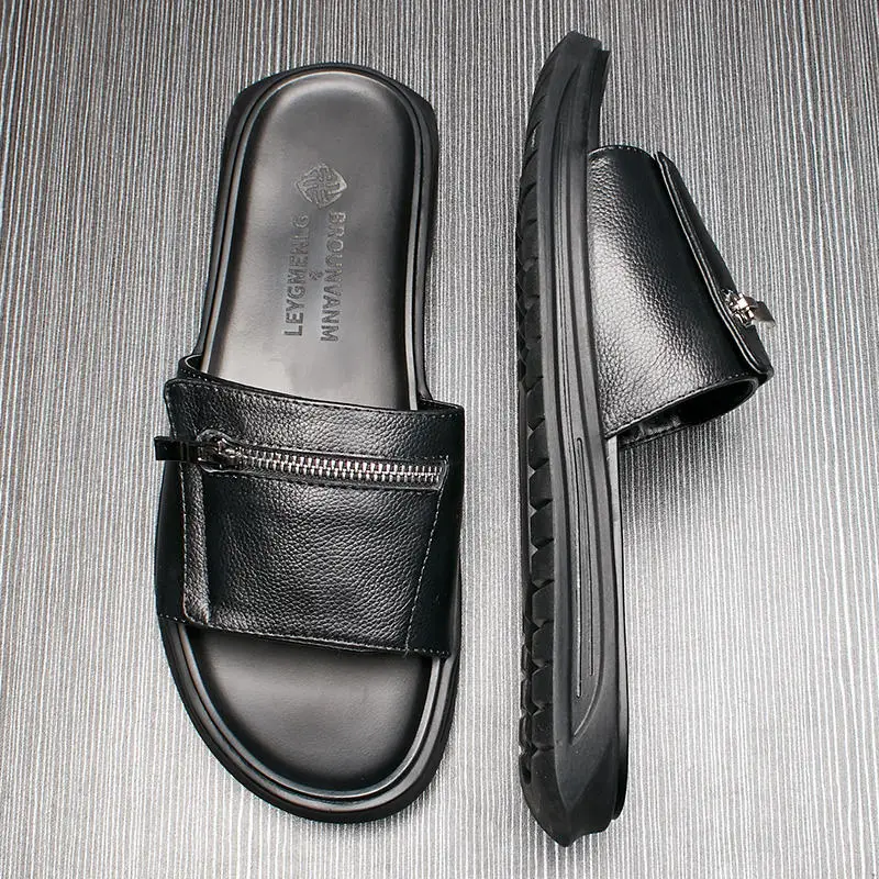 New Design Men Genuine Leather Leisure Slippers Outdoor Black Stable And Mature Man Casual Summer Sandals Slides Shoes