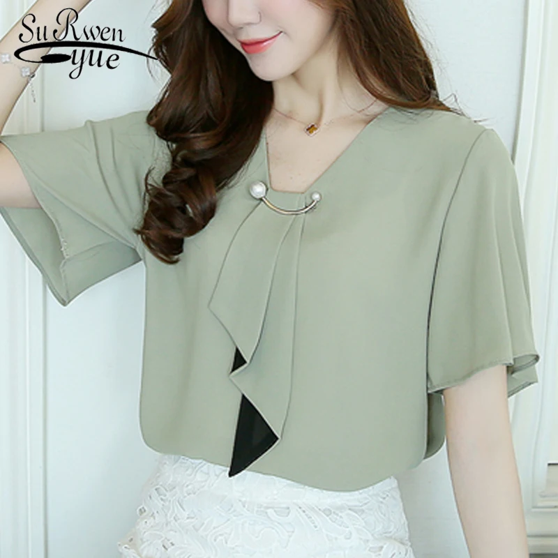 

2019 fashion chiffon women tops blouse shirt short sleeve plus size women's clothing v-neck women shirts blouse blusas D560 30