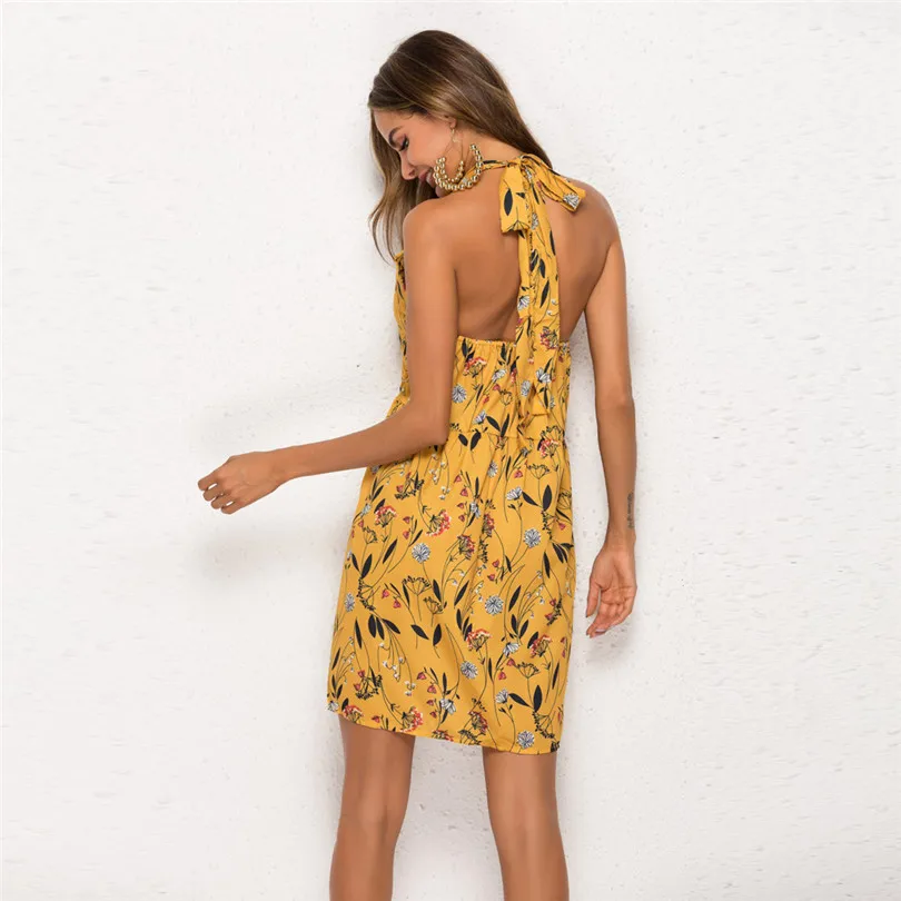 New Fashion Women Summer  Elegant Sexy Button Printing Casual Daily Ruffles V Neck Sleeveless Mini Evening Party Dress #4A17  (6)