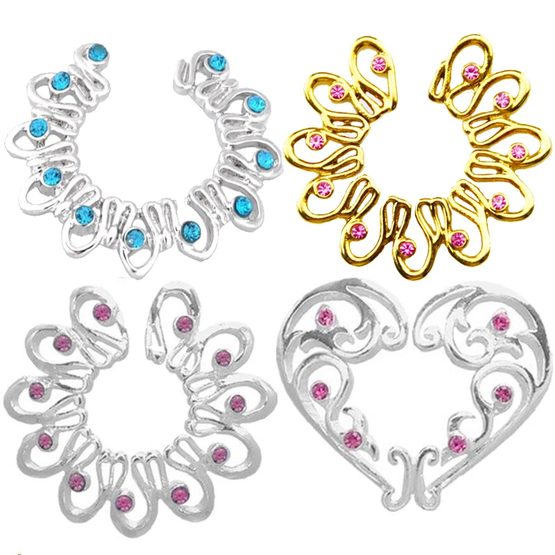 

2PCS Gold/Silver Color Fake Piercing Heart Round Crystal Clip On Nipple Fake Nipple Ring Non Piercing Rings Shield Body Jewelry