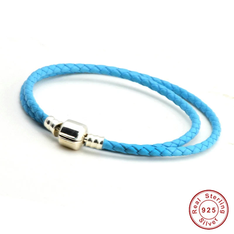 

Sky Blue Leather Bracelets 100% Authentic Sterling Silver Fine Jewelry for Women Free Shipping