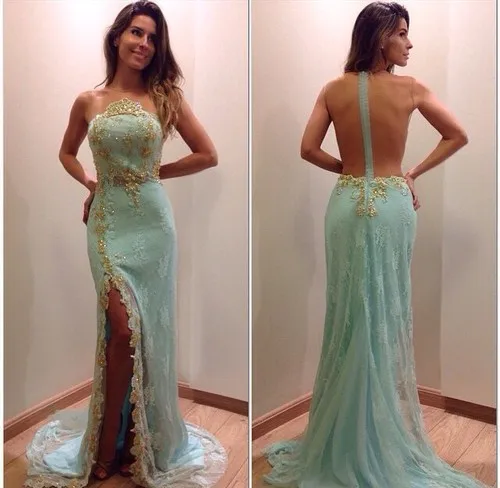 

1522P Charming Style Mermaid Sheer Neck Applique Lace High quality elegant formal 2015 prom dress with a slit