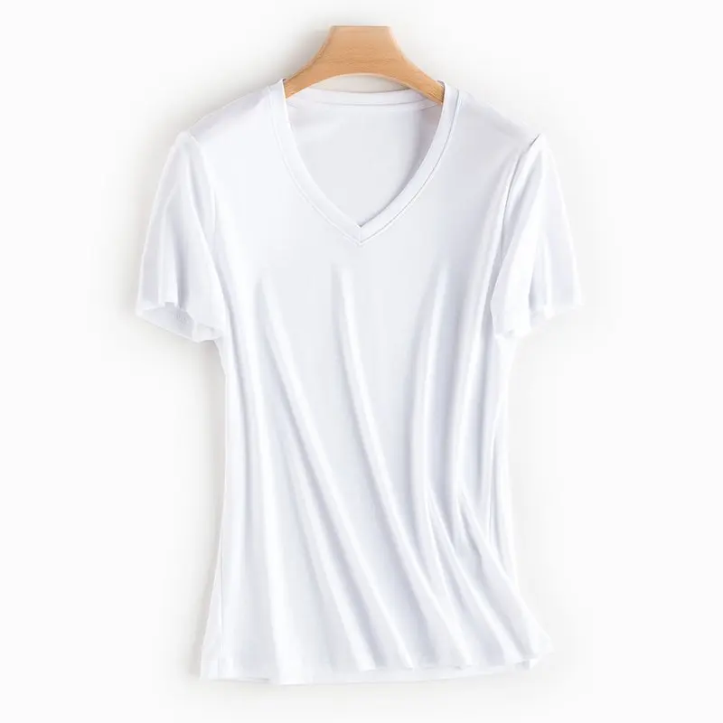 Высококачественная роскошная женская футболка из мерсеризованного хлопка с круглым вырезом, футболка с коротким рукавом, шелковая на ощупь, летняя одежда для отпуска, v-c - Цвет: V 1 White
