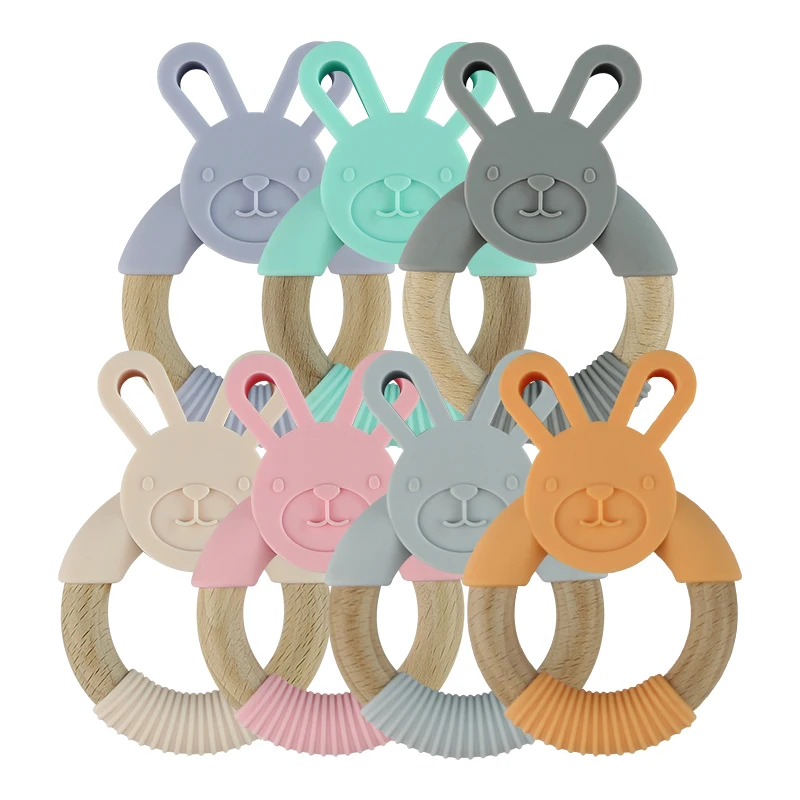 

Silicone Bunny Teething Ring Natural Wood Food Grade Silicone Soothe Baby's Sore Gums Infant Teether Toys