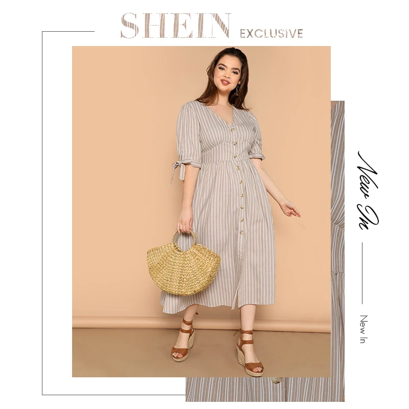 SHEIN, платье в полоску с разноцветными узелками, пуговицами, размера плюс,, женское летнее платье в стиле бохо, v-образный вырез, половина рукава, хлопок, длинное платье