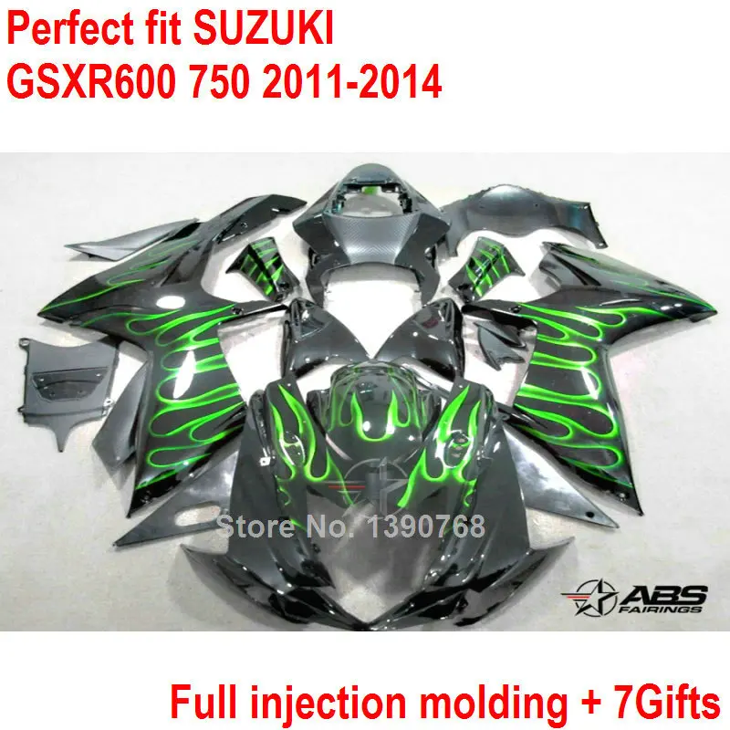 Комплект обтекателей для Suzuki GSXR 600 GSXR750 11 12 13 14 зеленое пламя черное GSXR600 750 2011- 2014