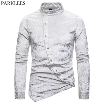 

White Velvet Velour Tuxedo Shirt Men 2019 Stylish Mandarin Collar Ireegular Hem Mens Dress Shirts Wedding Party Dinner Chemise