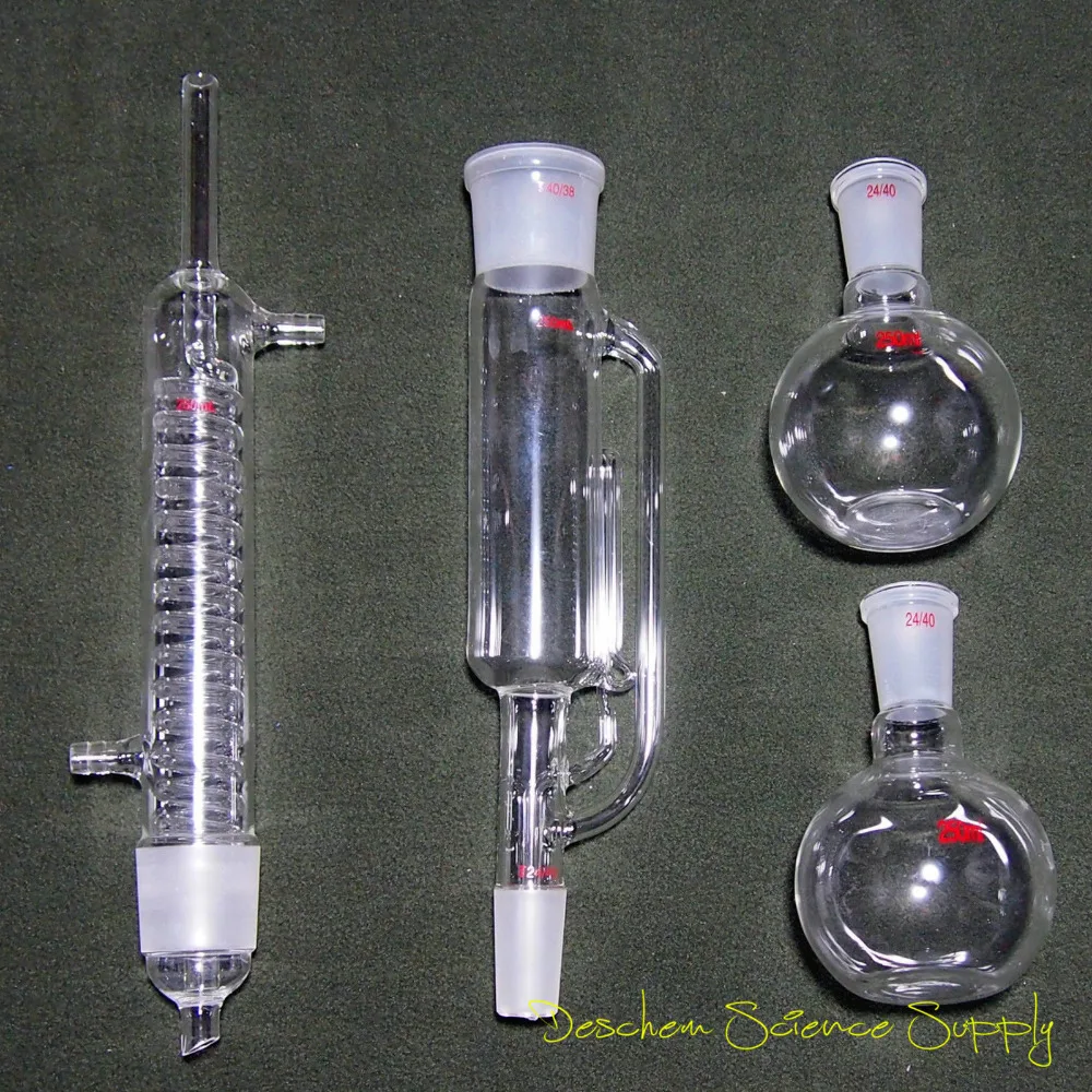 250ml,24/40,Soxhlet Extractor W/Graham Condenser & Two Flat Flasks,Lab