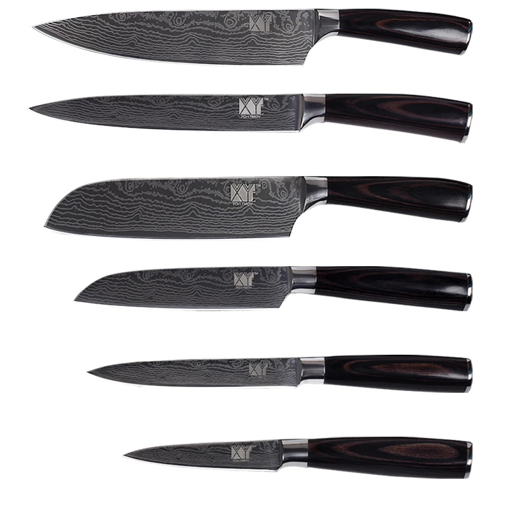 

XYj Paring Utility Santoku Slicing Chef Knife 7Cr17 Pattern Veins Stainless Steel Kitchen Knives Color Wood Handle 6 PCS Set