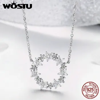 

WOSTU Flower Round Necklaces 925 Sterling Silver Pendant Long Chain Adjustable Necklace For Women Classic Fine Jewelry FNN028