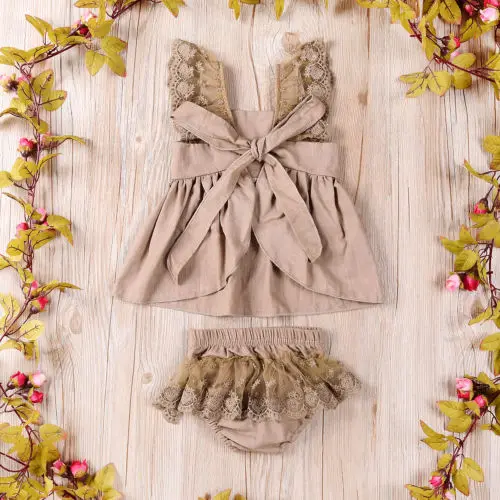 

2018 New Summer Khaki 2Pcs Baby Girls Kids Lace Top Dress Sleeveless Shirts+Shorts Pants Newborn Outfits Set Clothes Sunsuit