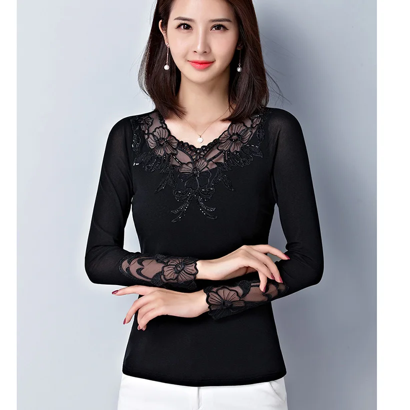 Женская блузка рубашка модная с длинным рукавом открытая сетчатая рубашка элегантный в форме бриллианта плюс размер рубашка женские топы и блузки - Цвет: Черный