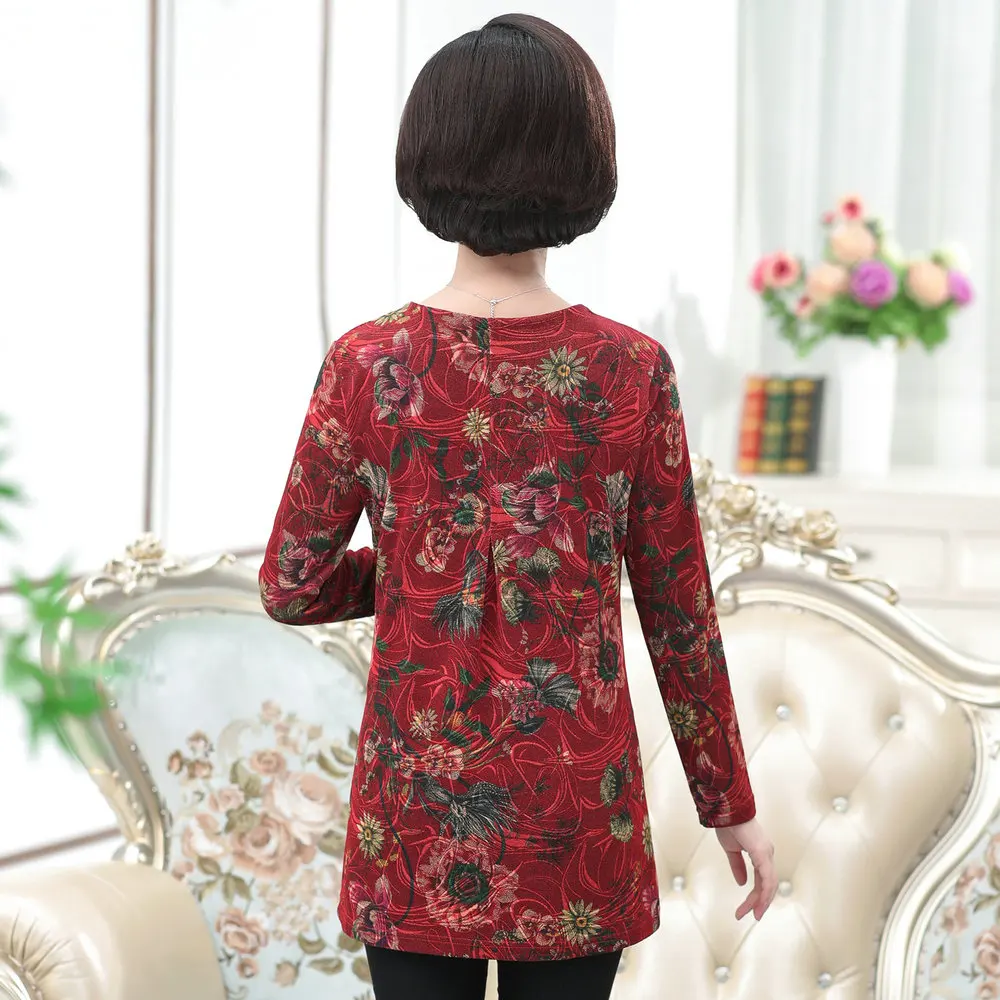 Женская Повседневная блуза среднего возраста, китайский топ с цветочным принтом, женская синяя, красная, зеленая туника, женские блузки на осень и весну