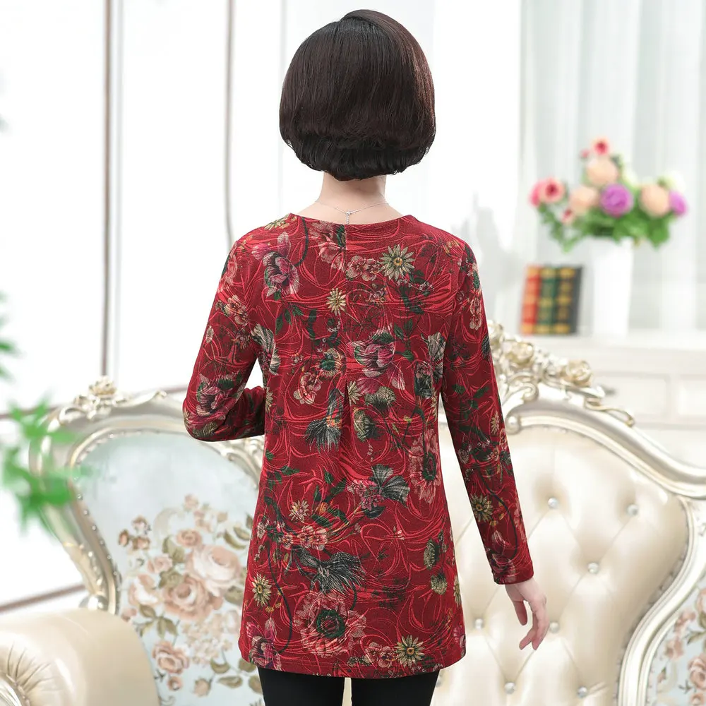 Middle Aged Woman Casual Blouse Chinese Flower Printing Top Female Blue Red Green Tunic Womens Autumn Spring Essential Blouses