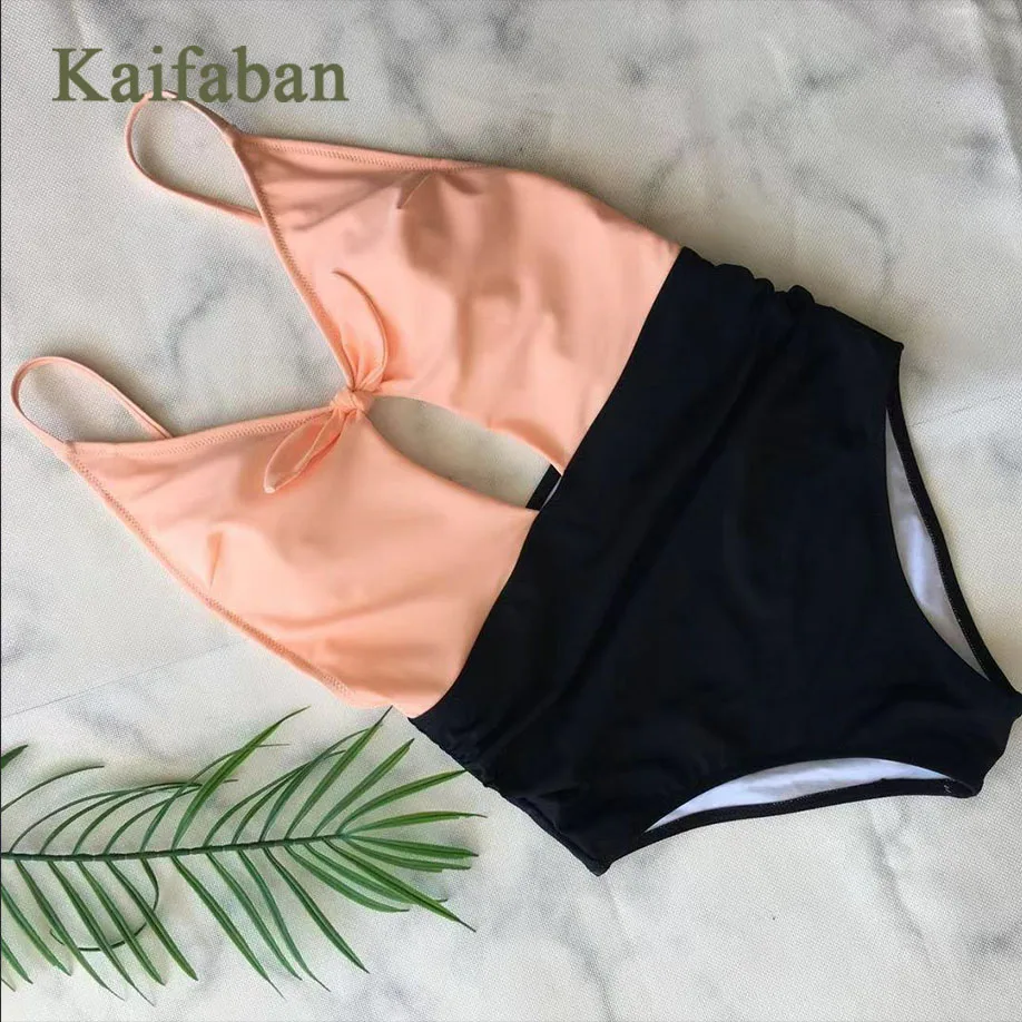 

Women Hit Color Splice Patchwork Front Bow Halter One Piece Bikini Monokini Swimsuit Swimwear BathSuit Plavky Tankini Biquini