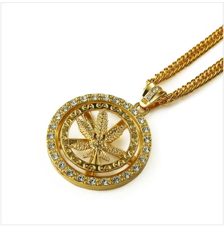 New! High Quality Hemp Leaf Can Rotate Pendant Necklace Fashion HipHop Ci TY Boy Accessories Silver 90cm Long Chain Men Jewelry