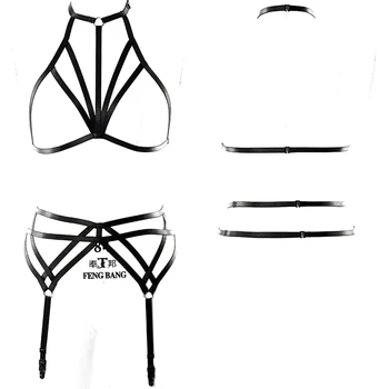 

Women Black Body Harness Bondage Caged Bra Elastic Adjust Hollow Out Bra Harness Goth Lingerie Strappy Crop Top Garter Belt Set