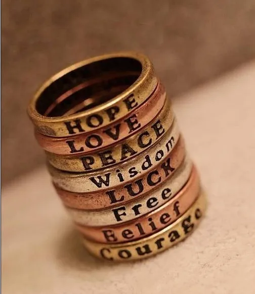 

8PCS/set 17mm Retro Vintage Lettering Fashion Simple Words Wish Finger Rings Hope Love Luck Peace Courage Wisdom Believe Silver