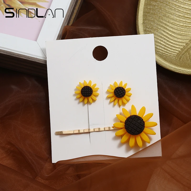

Sindlan Lovely Korean Sunflower Small Earrings Hair Clips for Girls Children Women Hair Pins Barrette Stud Earrings Jewelry Set