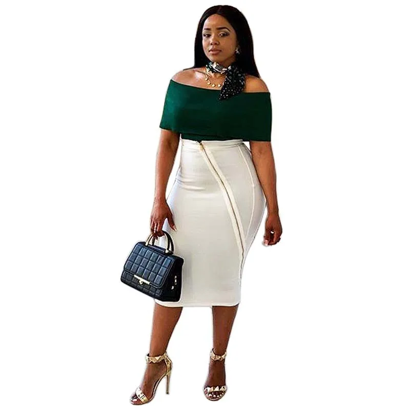 

African Clothes Sexy Two Pieces Set Women Off Shoulder Solid Tops&High Waist Bandage Pencil Zipper Skirt Suit Bodycon Office