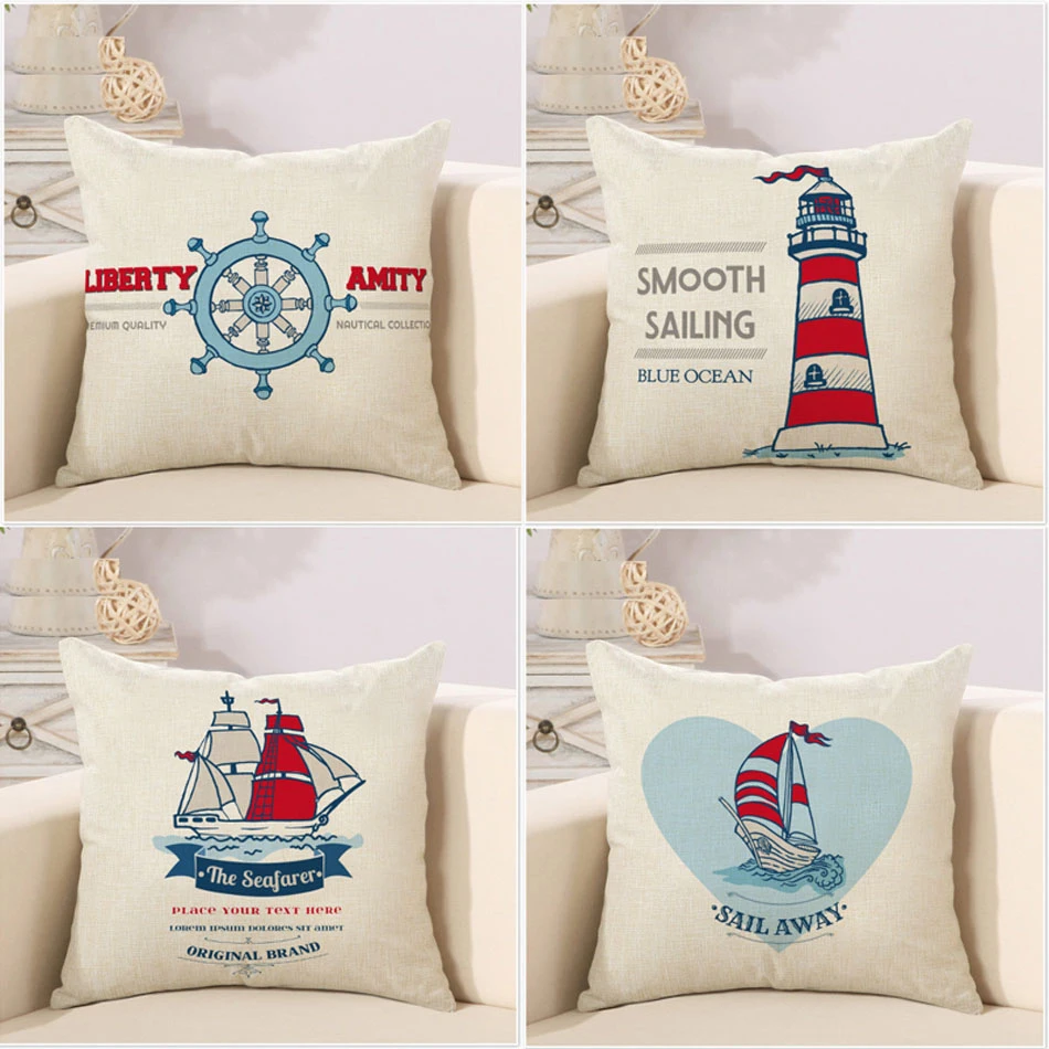 Northern Europe style Nautical water color sailing character lighthouse cotton linen home throw