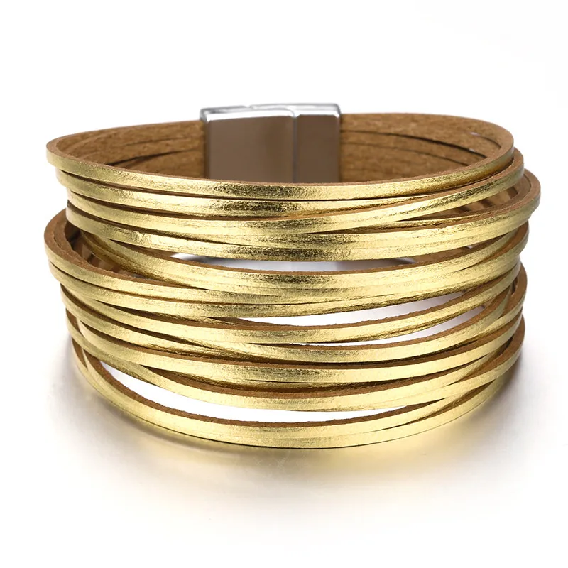 Amorcome кожаные браслеты для женщин модные градиентные цветные тонкие полосы многослойный браслет женские ювелирные изделия - Окраска металла: Gold