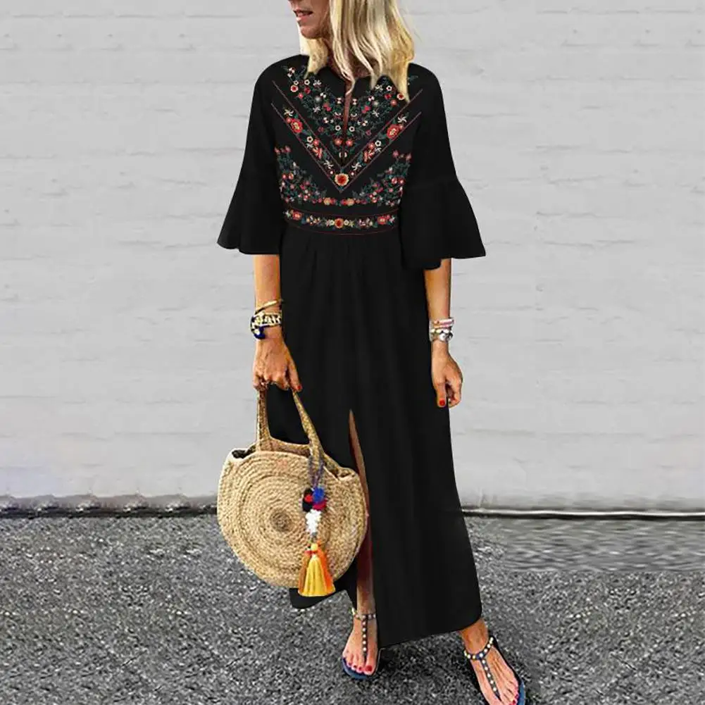 

Plus Size Fashion Summer Beach Women Sundress Ethnic Flare Sleeve V Neck Vintage Floral Print Bohemian Split A-Line Maxi Dress