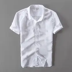 Для Мужчин's linen short-футболки с рукавами Повседневная хлопковая льняная рубашка Для мужчин брендовая одежда однотонные рубашки Для мужчин s