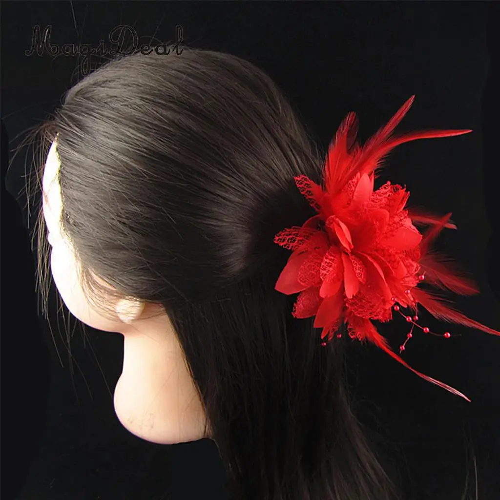 Feather Pearls Flower Decoration,Hair Clip Accessories,Corsage,Brooch ,Wrist Flower Wedding Party Decoration for Bride - Red