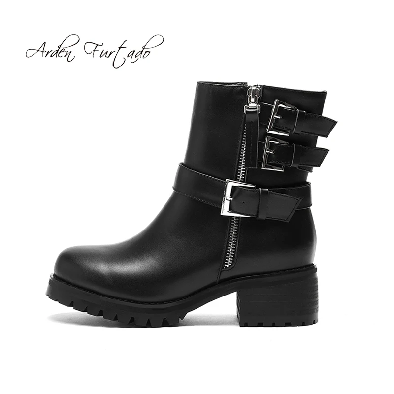 

2018 spring autumn winter genuine leather chunky heels 6cm fashion ankle boots matin boots casual zipper buckle women's shoes 43