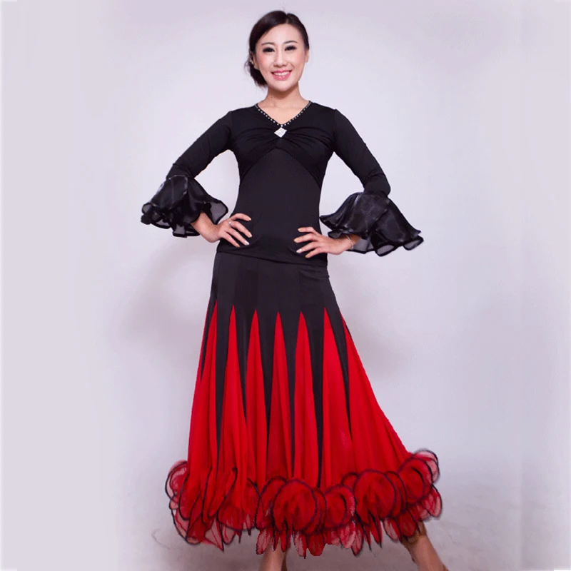

Sexy Modern Dance Skirt For Ladies Professional Red Yellow Women Spanish Tango Waltz Flamenco Competitive Ballroom Skirt N4035