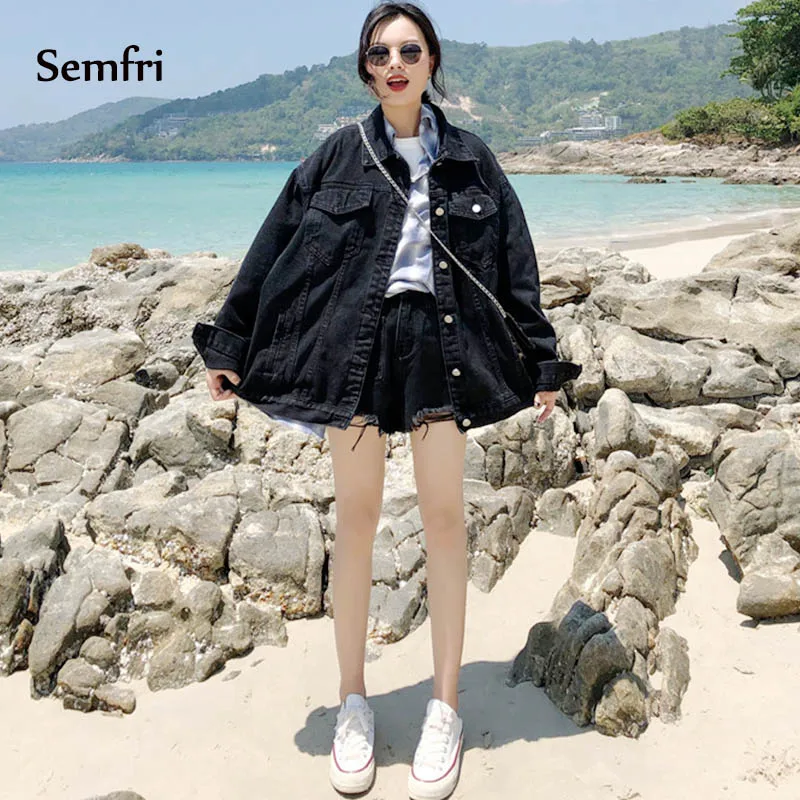 Semfri Куртка женская черная джинсовая куртка K pop стиль свободные карманы джинсовое