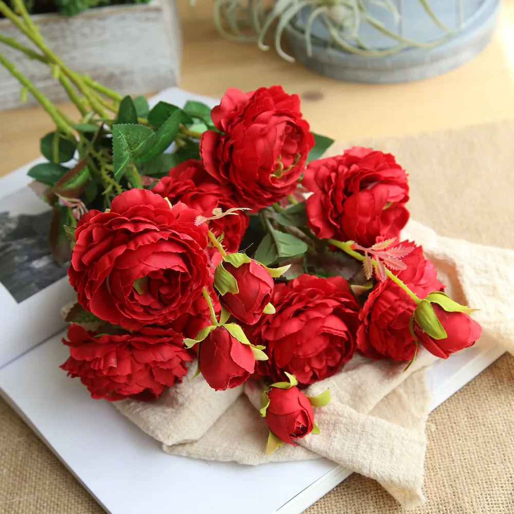 Silk Artificial Rose Flowers Bunch Mini Red Rose White Peony