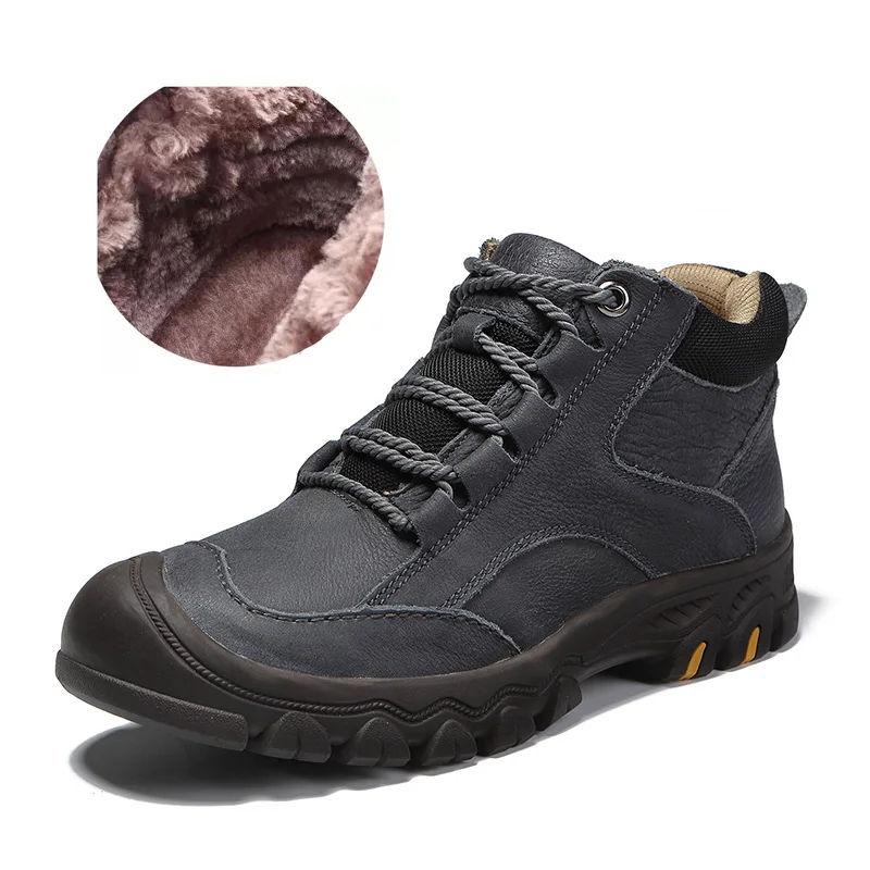 Мужская зимняя обувь из натуральной кожи; теплые мужские ботинки с Плюшевым Мехом на шнуровке; Высококачественная обувь в стиле ретро; мужские уличные Водонепроницаемые зимние ботинки - Цвет: dark gray