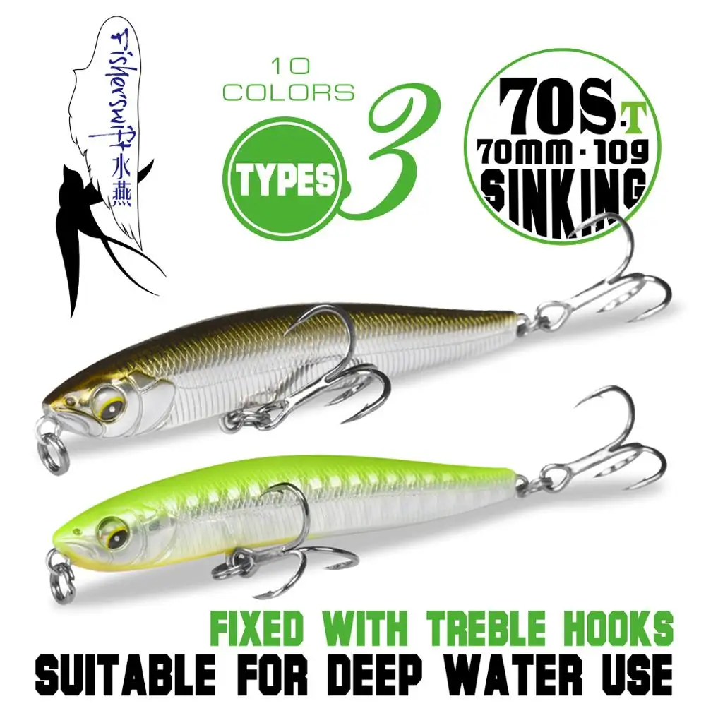 70mm10g Wobbler Sinking Lure Stickbait Minnow Fishing Lure Rolling