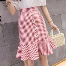 Летняя новинка, женские юбки, Повседневная клетчатая юбка до колена, офисная, черная, красная, на пуговицах, дизайнерская, элегантная, качественная, Женская юбка 5059 50